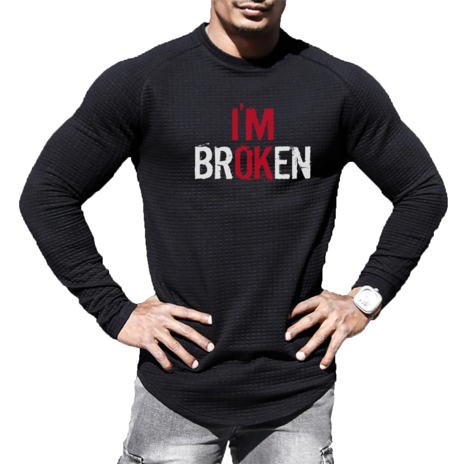 I'M OK WAFFLE RAGLAN GRAPHIC SWEATSHIRT