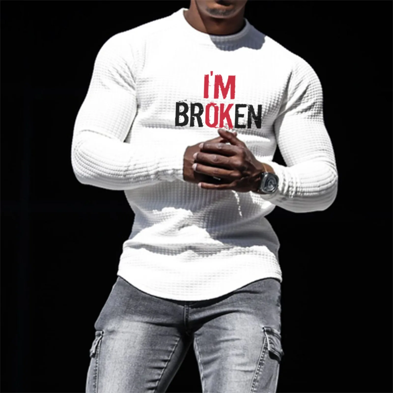 I'M OK WAFFLE RAGLAN GRAPHIC SWEATSHIRT