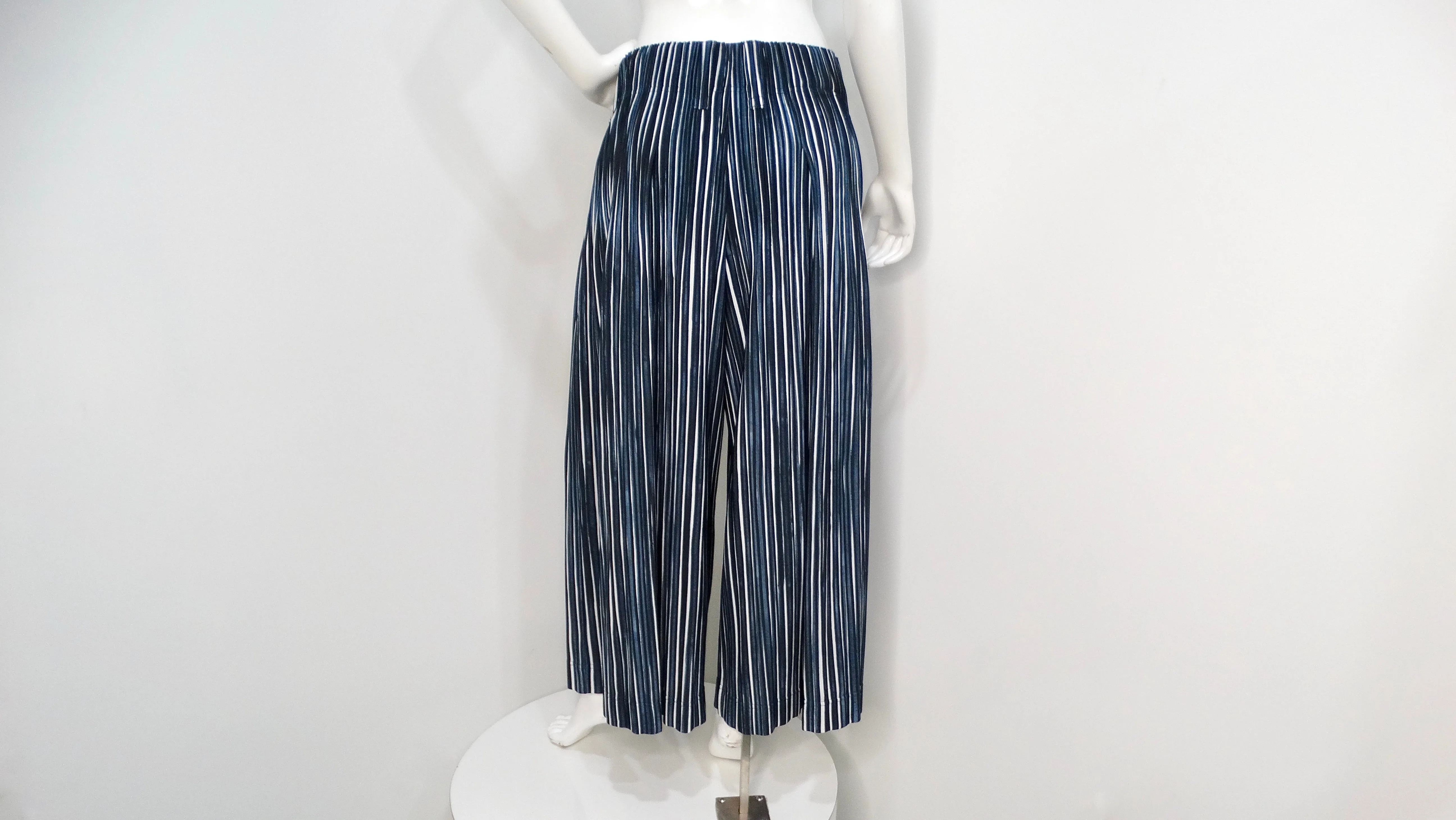 Issey Miyake 1980s Homme Plisse Navy Striped Wide-Leg Pants