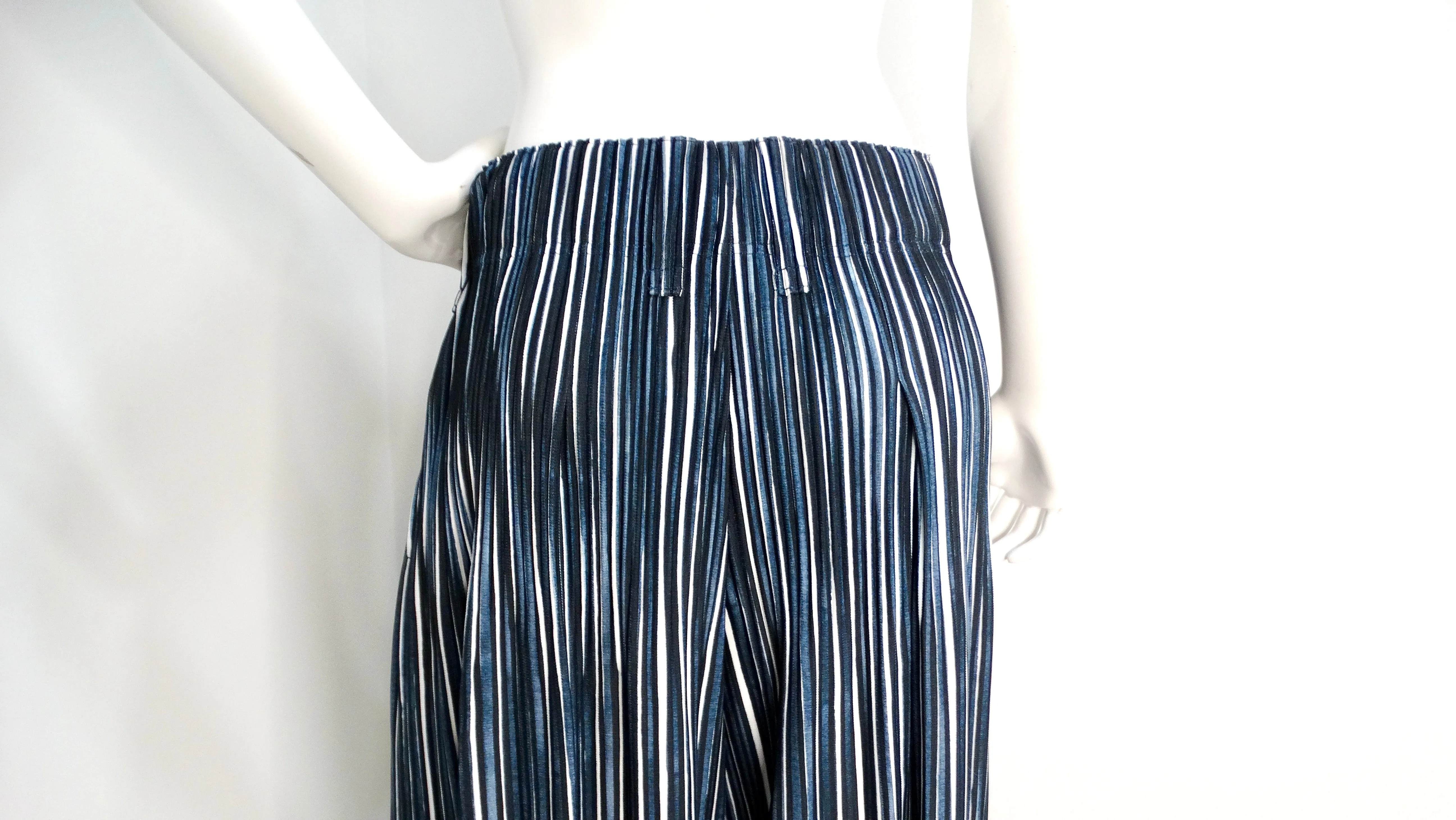 Issey Miyake 1980s Homme Plisse Navy Striped Wide-Leg Pants