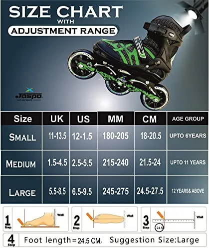 JASPO Radar Adjustable Inline Skates with 100 MM PU Wheel (Medium (35-38), Green)