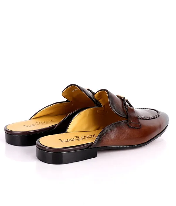John Foster Genuine Leather Horsebit Mules-Brown