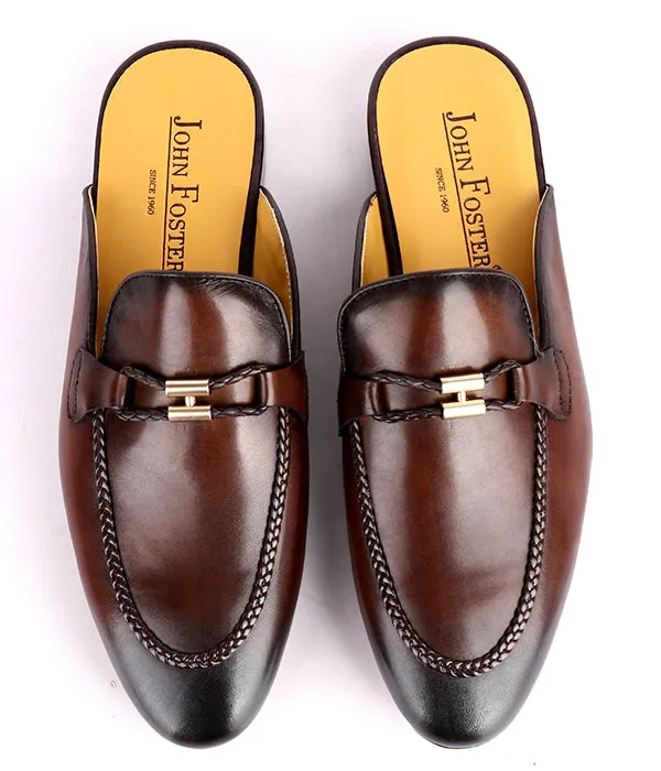 John Foster Genuine Leather Horsebit Mules-Brown