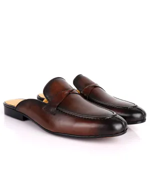 John Foster Plain Genuine Leather  Men's Mules|Brown
