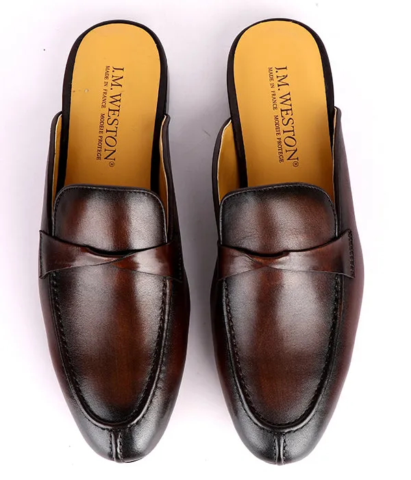 John Foster Plain Genuine Leather  Men's Mules|Brown