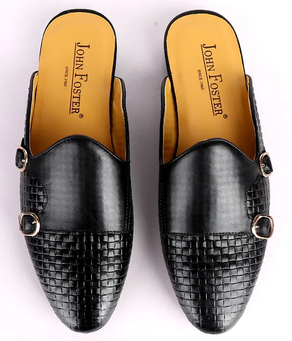 John Foster Woven Monk Strap Leather Mules|Black