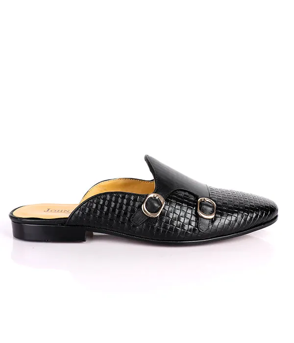 John Foster Woven Monk Strap Leather Mules|Black