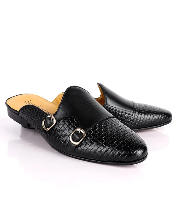John Foster Woven Monk Strap Leather Mules|Black
