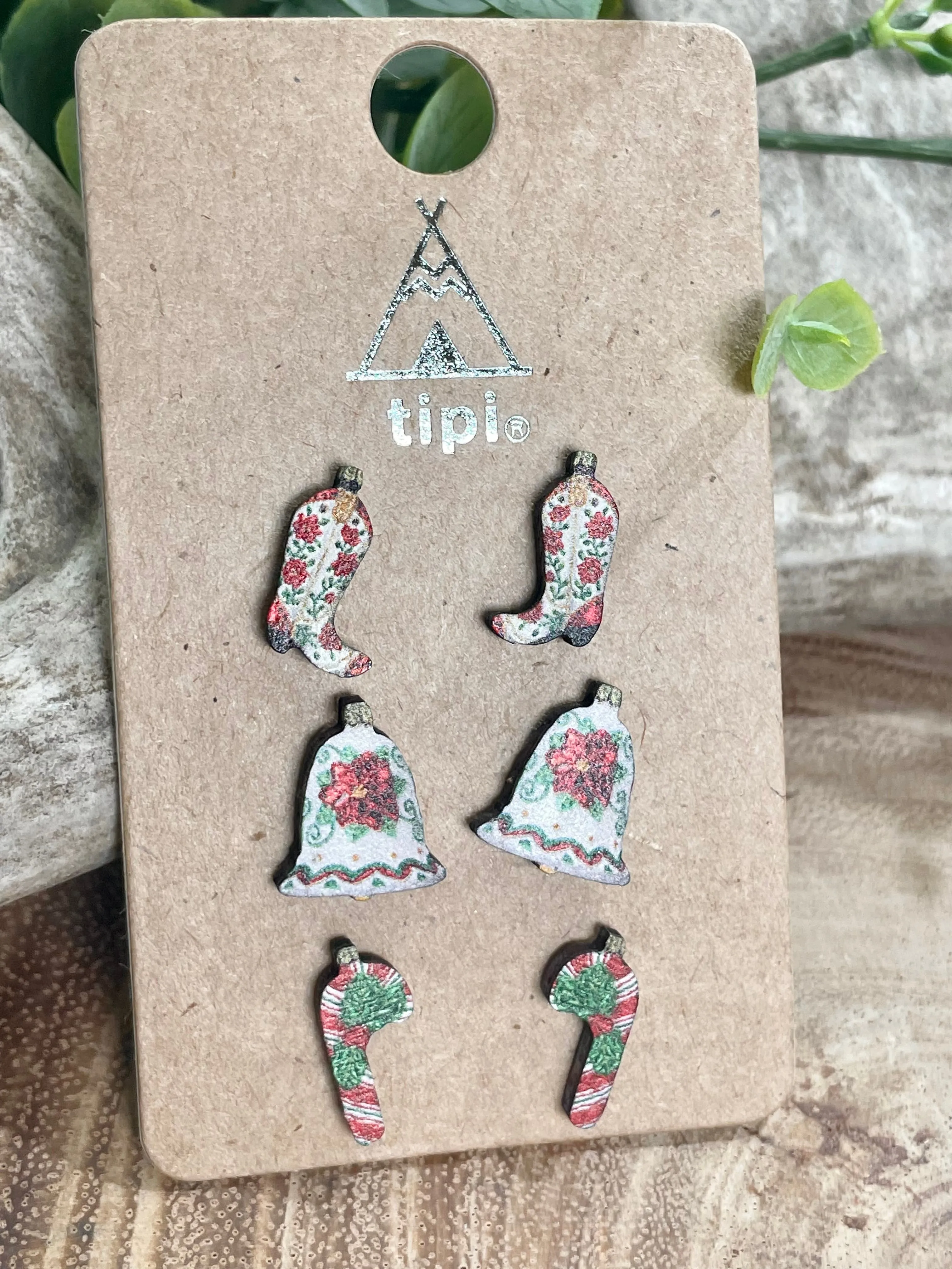 Jolly Time Wooden Holiday Stud Earrings Set
