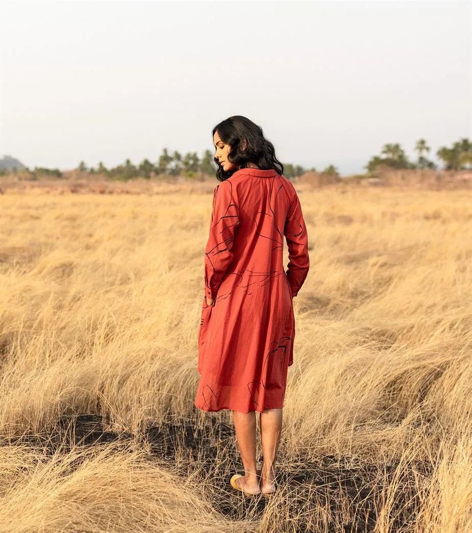 Khara Kapas I  Oh carol I Cotton Mulmul Diana Dress Brick red  KK-24-01