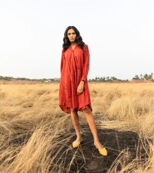 Khara Kapas I  Oh carol I Cotton Mulmul Diana Dress Brick red  KK-24-01