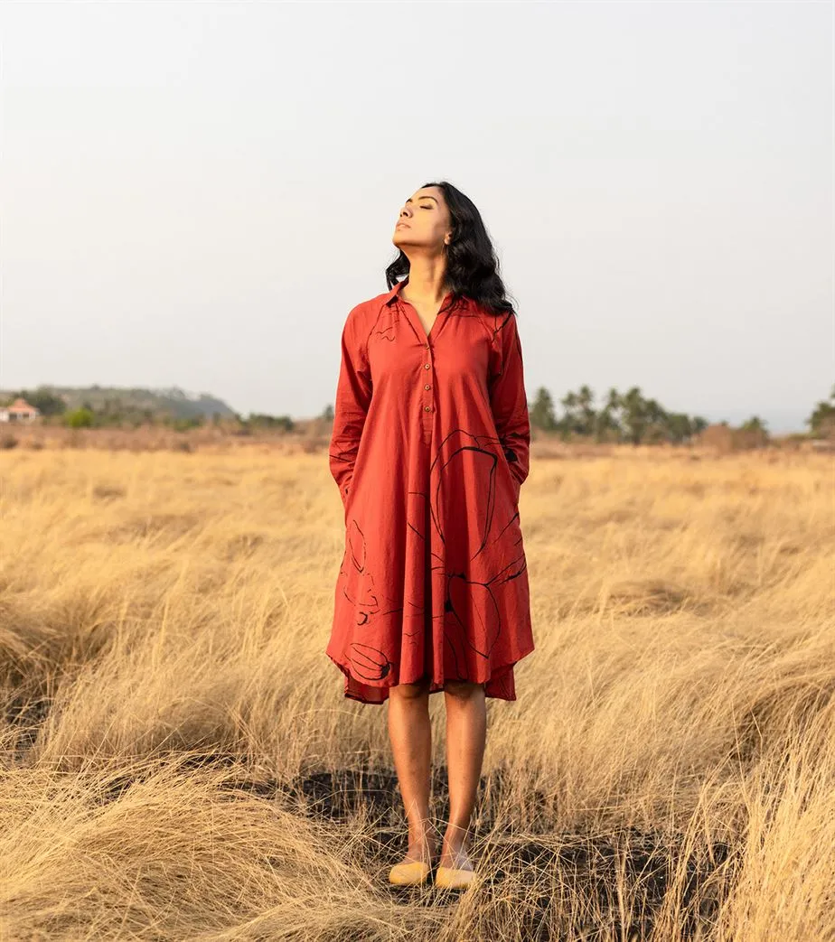 Khara Kapas I  Oh carol I Cotton Mulmul Diana Dress Brick red  KK-24-01