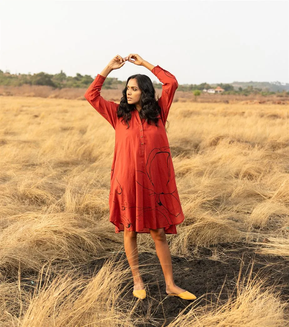 Khara Kapas I  Oh carol I Cotton Mulmul Diana Dress Brick red  KK-24-01