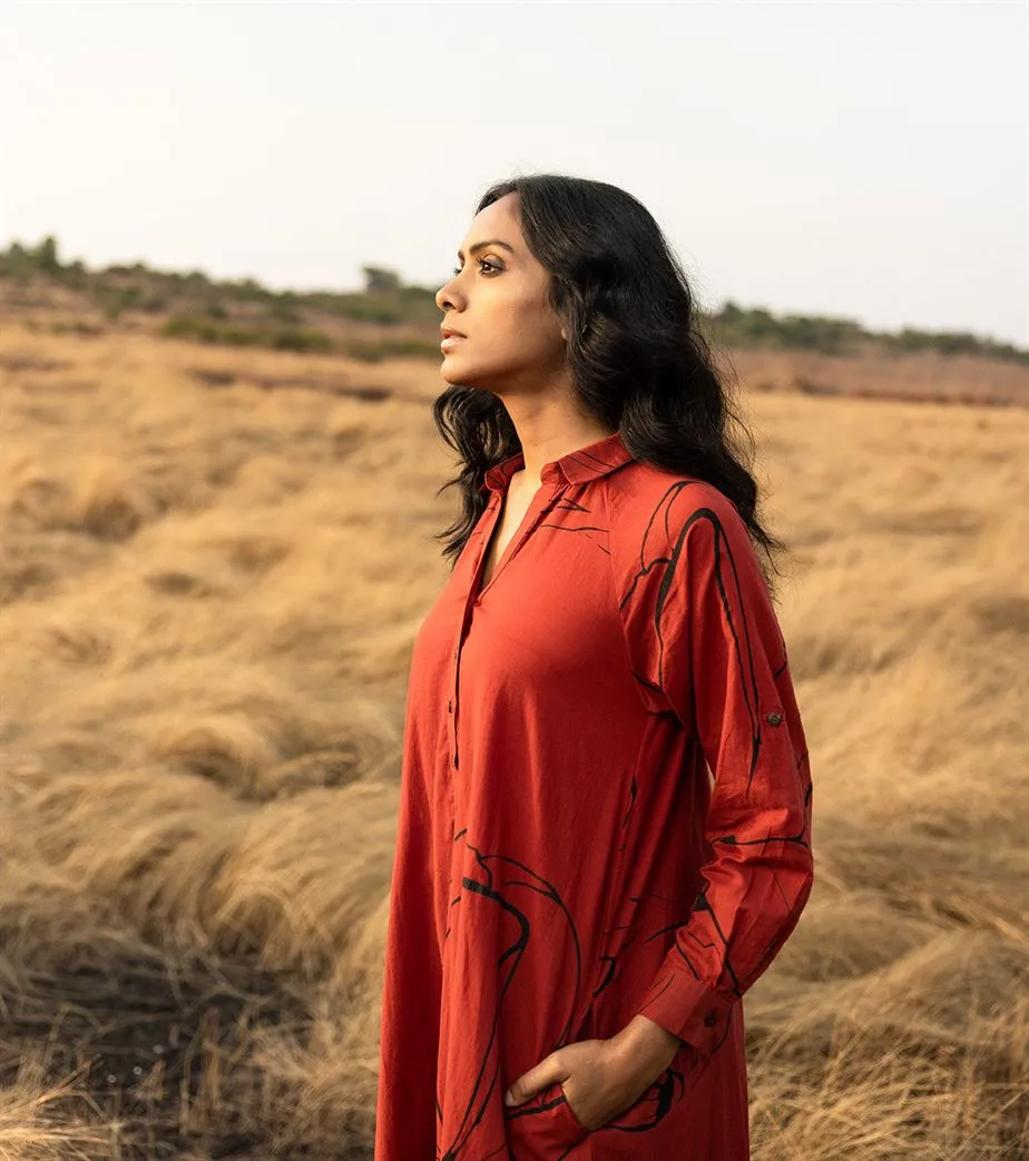 Khara Kapas I  Oh carol I Cotton Mulmul Diana Dress Brick red  KK-24-01