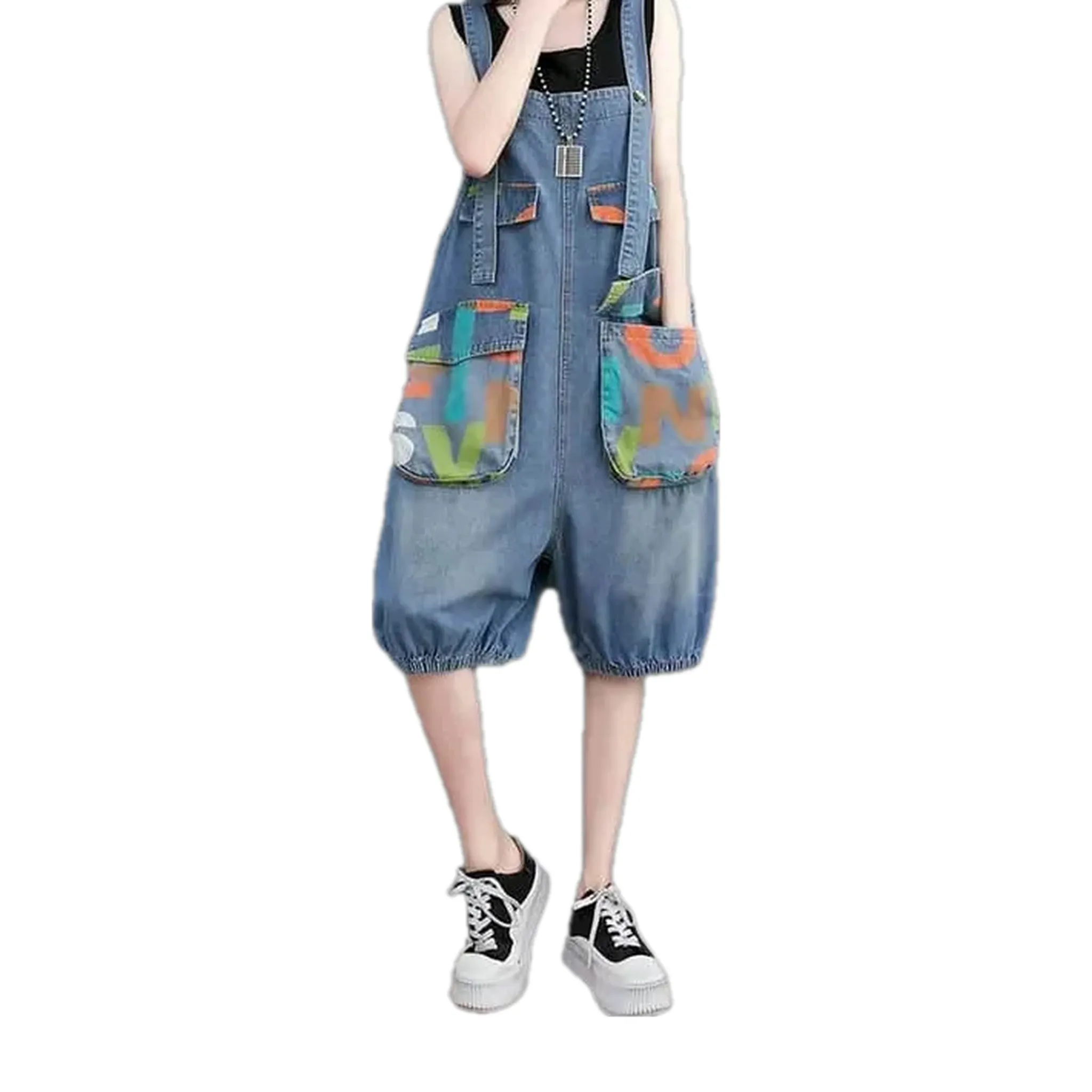 Lightweight street art baggy women's jean romper