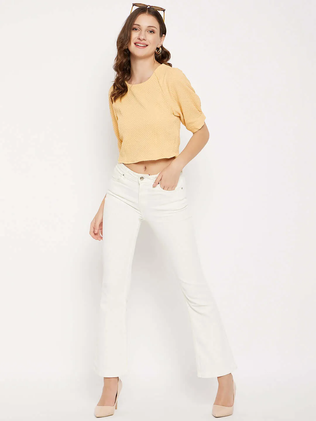 Madame   Puff Sleeves Yellow Crop Top
