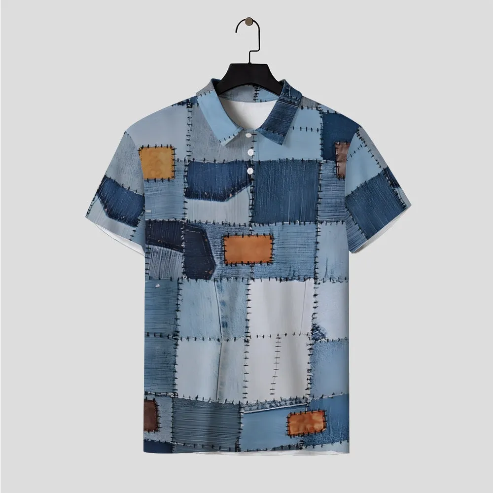 Men's Button-Down Short Sleeve Denim Panel Printed Polo Shirt 2312000153