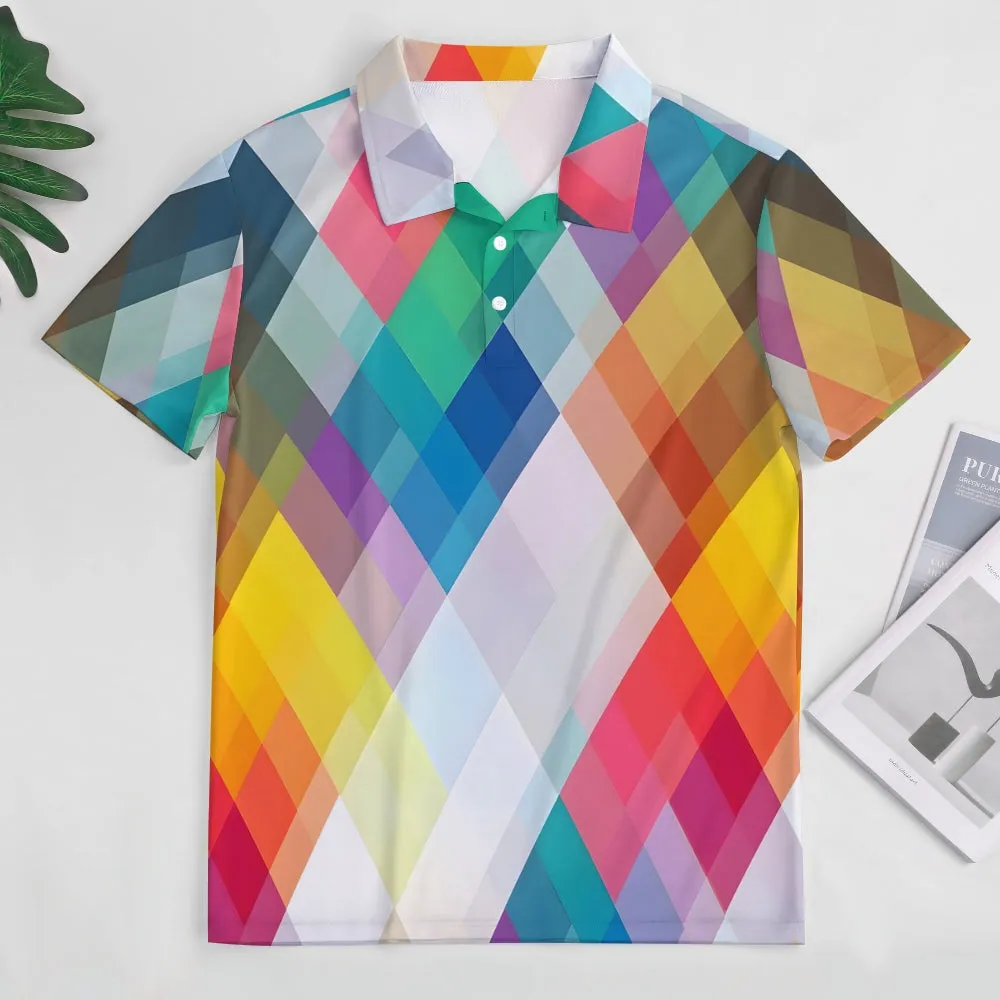Men's Button-Down Short Sleeve Geometric Print Polo Shirt 2312000154
