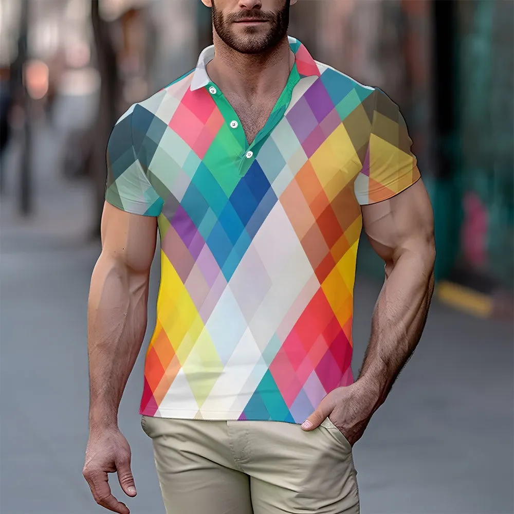 Men's Button-Down Short Sleeve Geometric Print Polo Shirt 2312000154