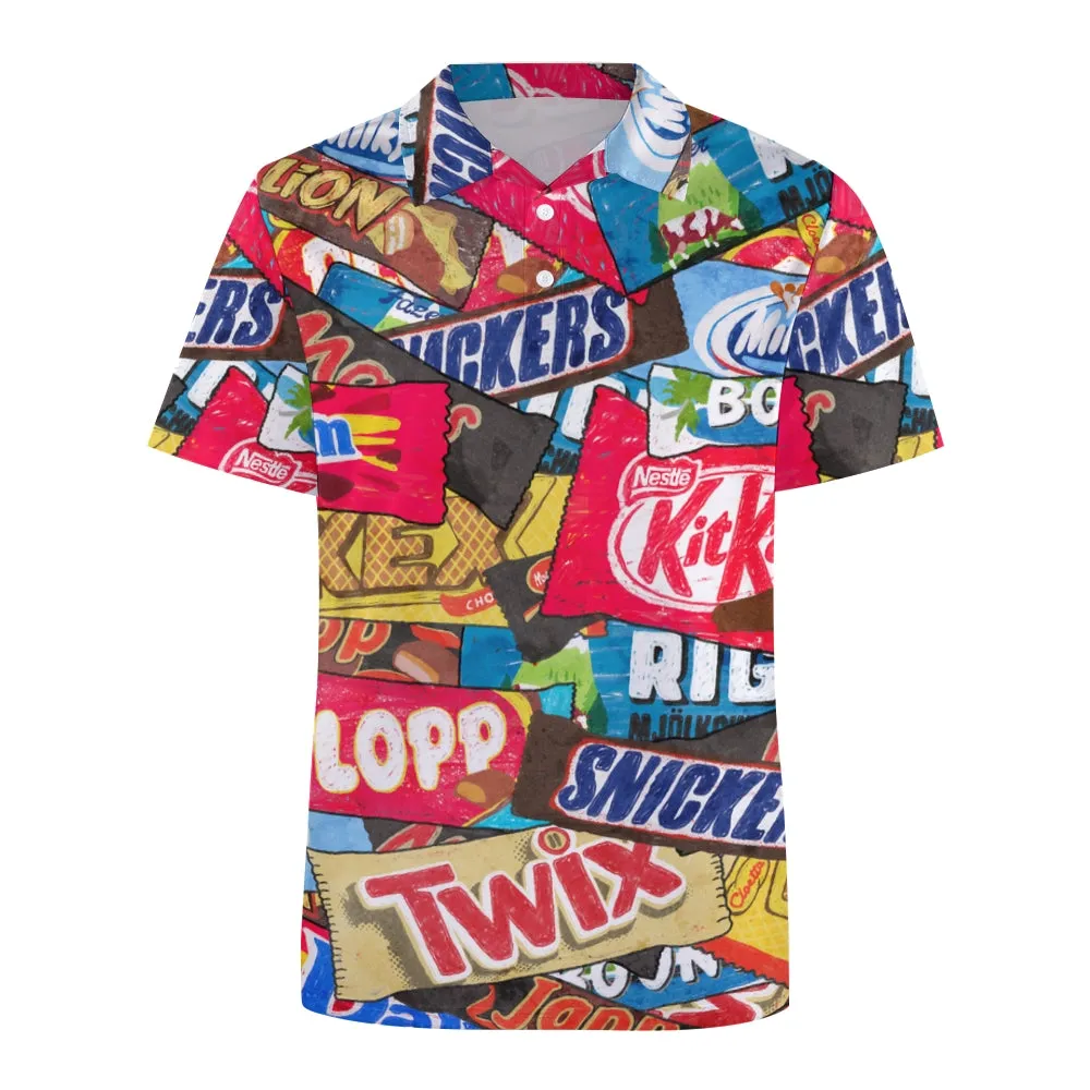 Men's Button-Down Short Sleeve Snack Packaging Printed Polo Shirt 2312000289
