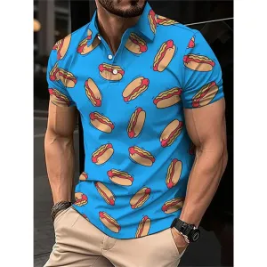 Mens Vibrant Fancy Hot Dog All Over Print Short Sleeve Polo Shirt
