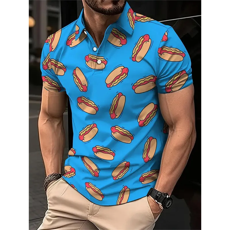 Mens Vibrant Fancy Hot Dog All Over Print Short Sleeve Polo Shirt