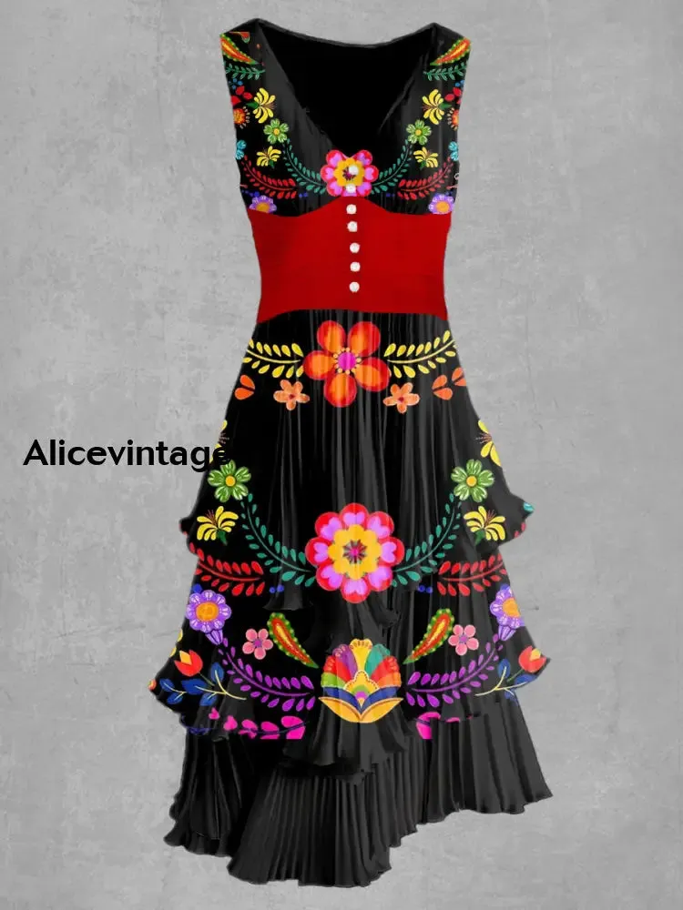 Mexican Floral Print Sleeveless V-Neck Button Up Retro Dress
