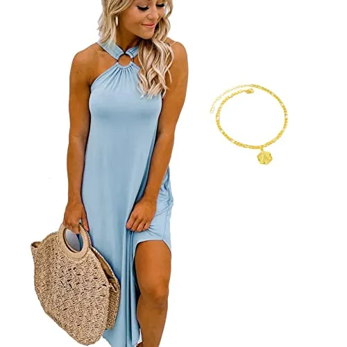 Miami Sunshine Maxi Dress, Off Shoulder Sexy Summer Casual Comfort Halter Long Dress Fit, date, party, picnic, and shopping (Light Blue, L)