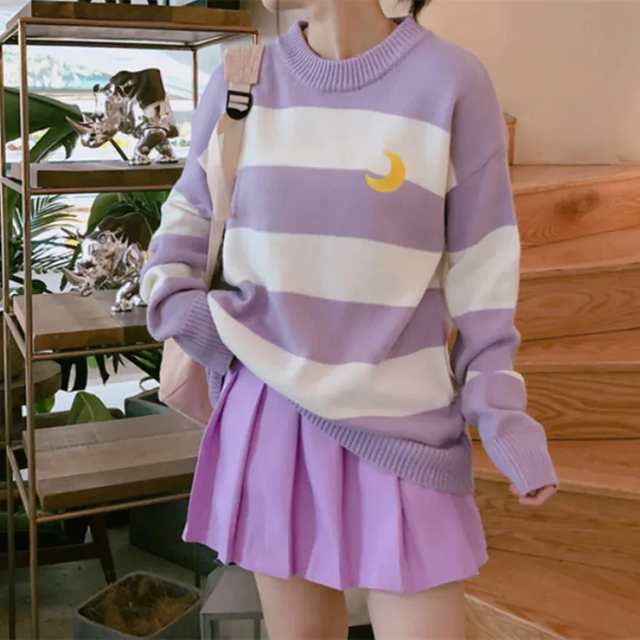 Moon Embroidery Stripe Sweater mp006162