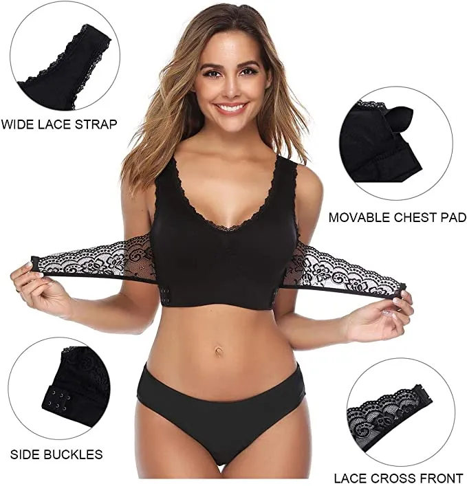 New Abollria Women's Seamless Bras Lace Bra with Removable Pads, Black, Sz L!