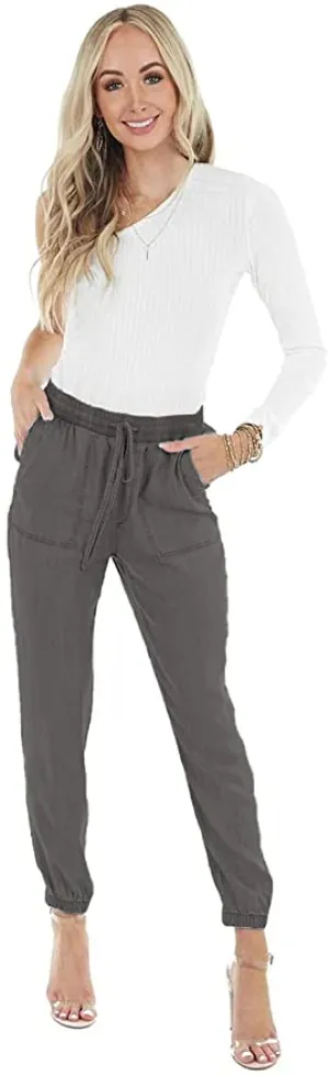 New Famulily Women's Linen Cotton Casual Lightweight Drawstring Pants with Pockets, Grey, Sz M!