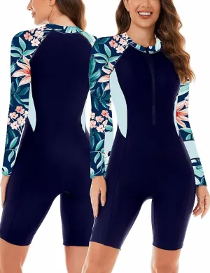 New FEOYA Long Sleeve Swimsuits for Women Boyleg Rash Guard Athletic Surf One Piece Bathing Suit UPF 50  Modest Swimwear Sz M