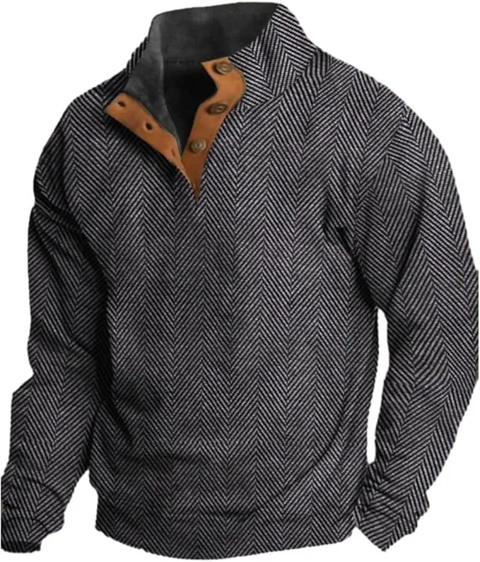 NEW Retails $48 neballat Men's Western Vintage Grey Herringbone Print Design Stand Collar Button-Down Sweatshirt XL/XXL