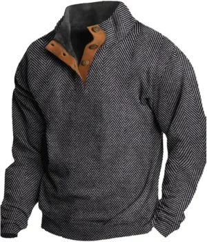 NEW Retails $48 neballat Men's Western Vintage Grey Herringbone Print Design Stand Collar Button-Down Sweatshirt XL/XXL