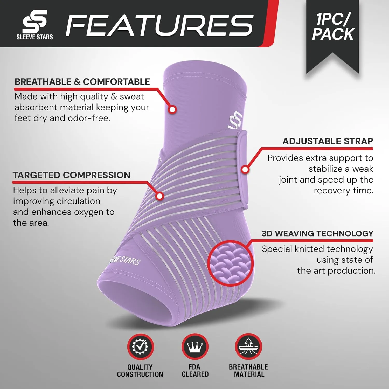 NEW Sleeve Stars Ankle Brace for Sprained Ankle, Plantar Fasciitis Relief Achilles Tendonitis Brace, Ankle Support for Women & Men with Strap, Heel Protector Wrap for Pain & Compression (Single/Light Purple)