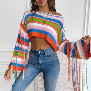 NEW WITH TAGS! Colorful Print Short Sweater for Women Long Sleeve Autumn Crop Tops by Micas, Sz L, Retails $70 