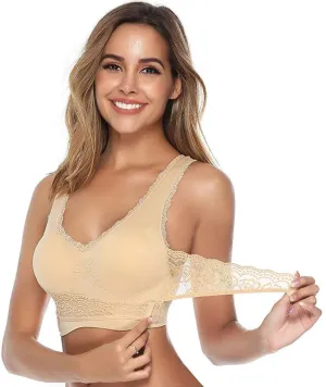 New Women Comfort Wireless Lace Lift Bra Classic Front Cross Side Buckle Yoga Sports Lace Bra, Beige, Sz XL