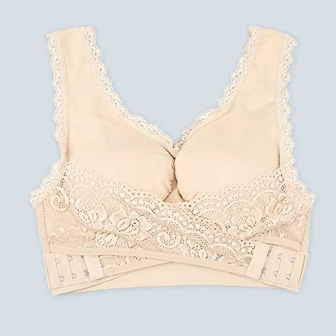 New Women Comfort Wireless Lace Lift Bra Classic Front Cross Side Buckle Yoga Sports Lace Bra, Beige, Sz XL