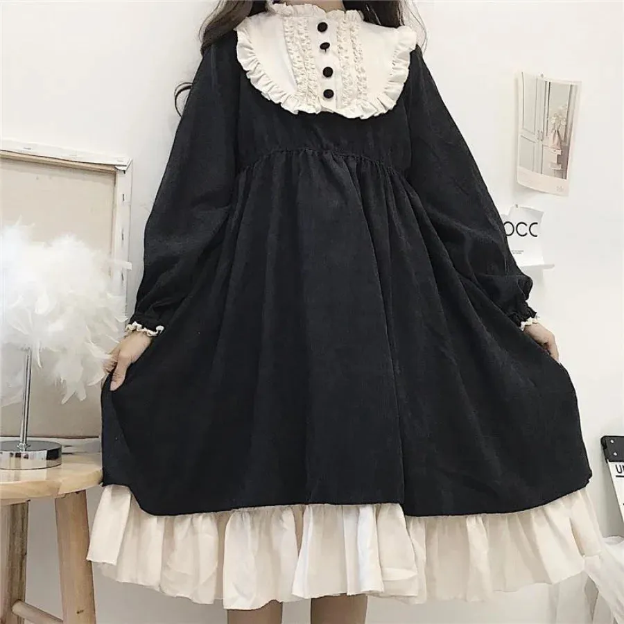O-Neck High Waist Contrast-Color Ruffled Sweet Lolita Dress Kawaii Clothing J30089