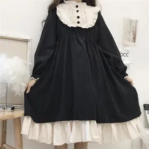 O-Neck High Waist Contrast-Color Ruffled Sweet Lolita Dress Kawaii Clothing J30089