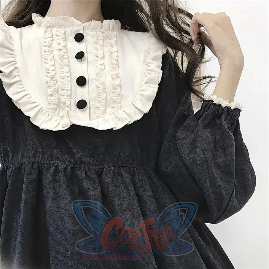 O-Neck High Waist Contrast-Color Ruffled Sweet Lolita Dress Kawaii Clothing J30089