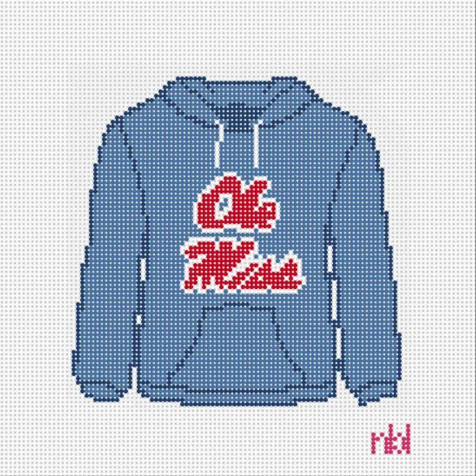 Ole Miss Hooded Sweatshirt Needlepoint Canvas Powder Blue or Red