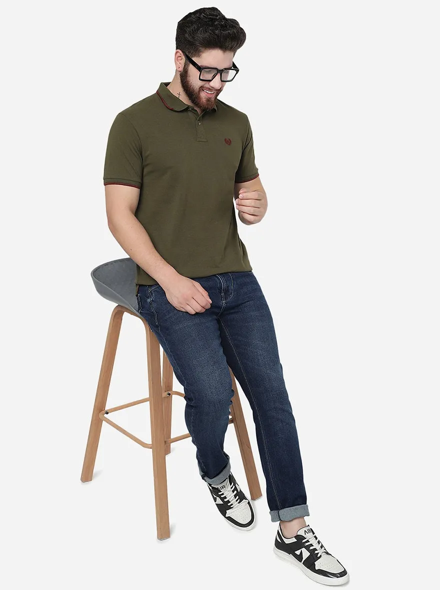 Olive Green Solid Slim Fit Polo T-Shirt | Greenfibre