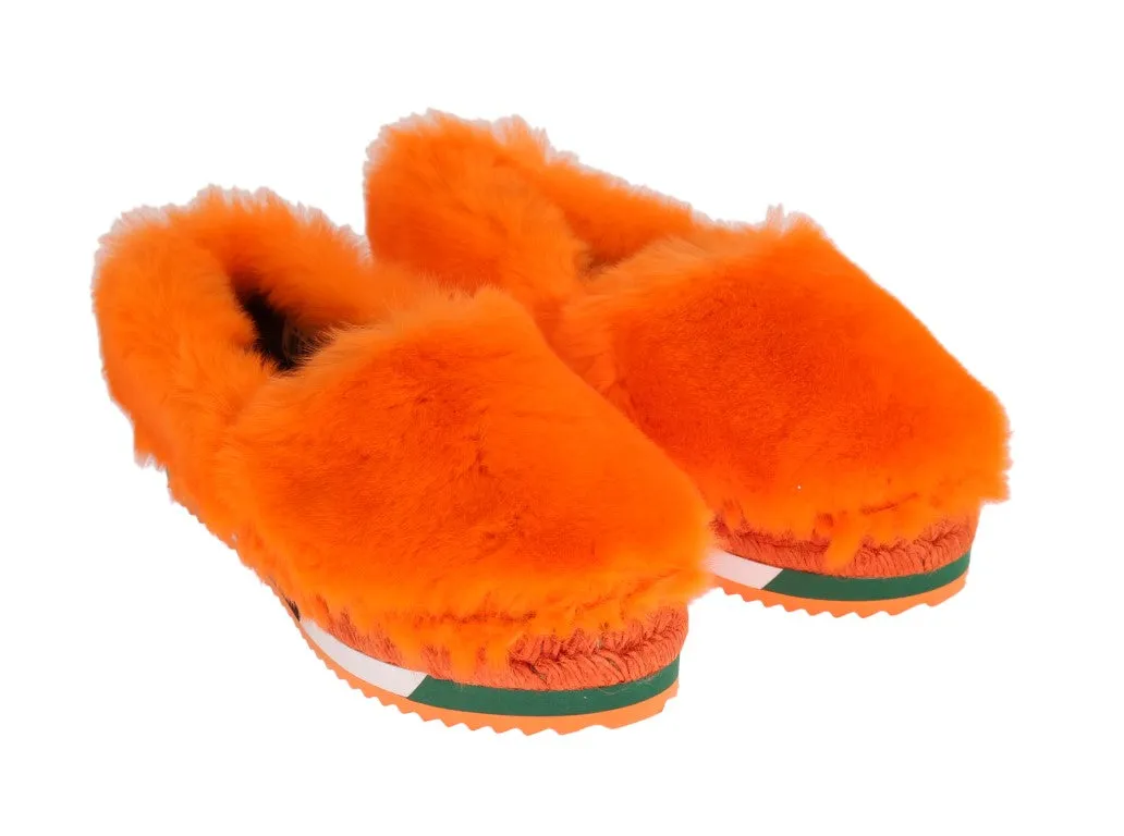 Orange Rabbit Fur Espadrilles Loafers