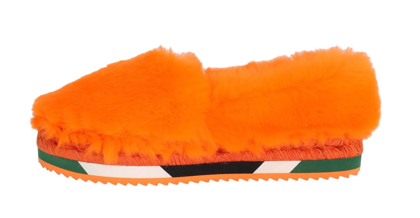 Orange Rabbit Fur Espadrilles Loafers