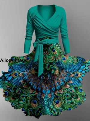 Peacock Feather Art Print Vintage V-Neck Long Sleeve Two-Piece Midi Dress