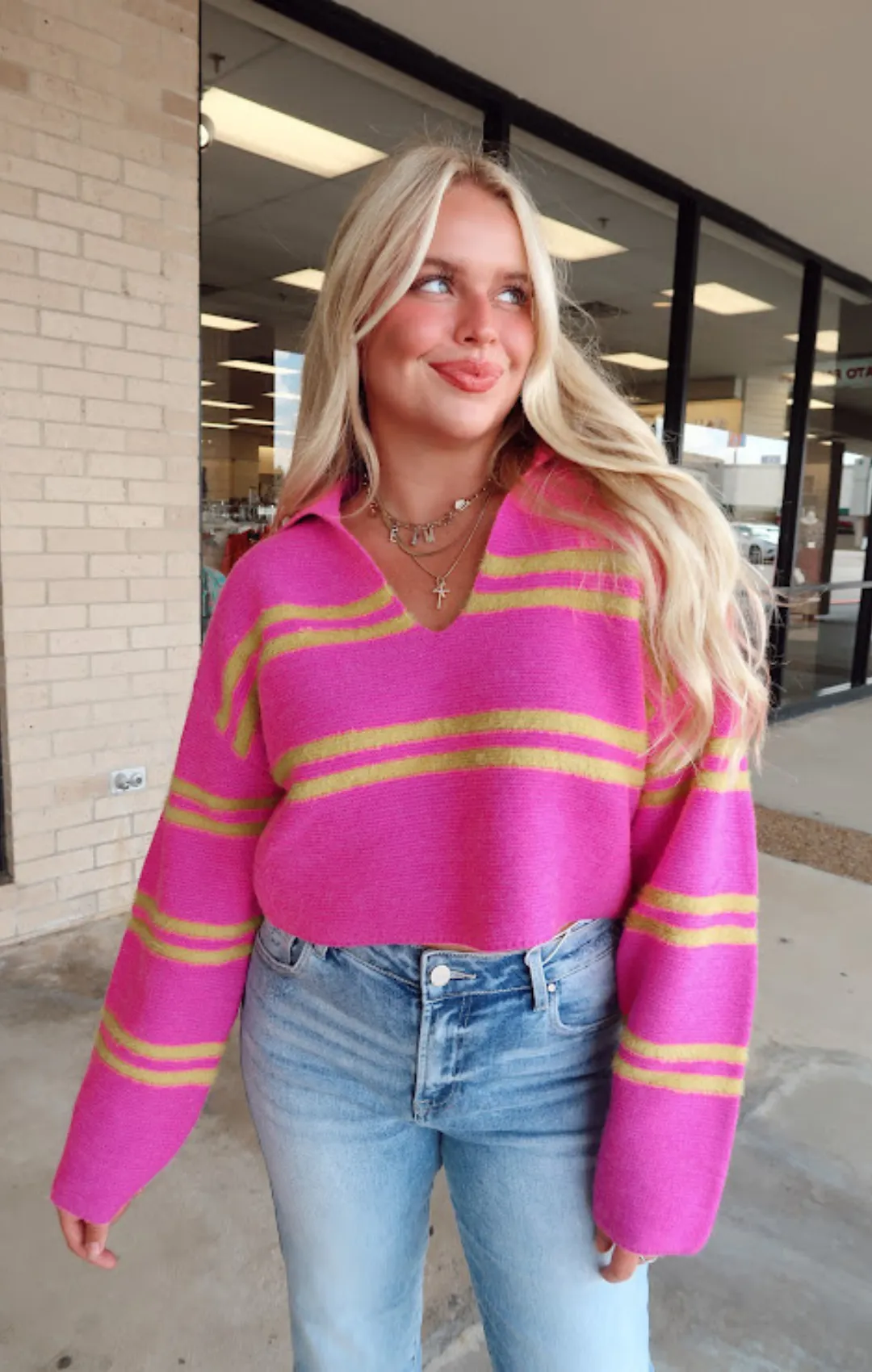 Pink/Lime Striped Collared Sweater