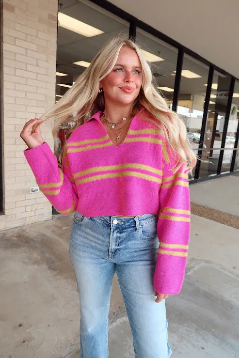 Pink/Lime Striped Collared Sweater