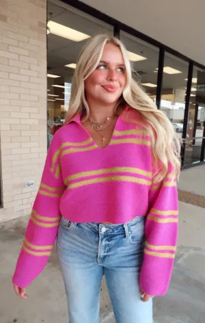 Pink/Lime Striped Collared Sweater