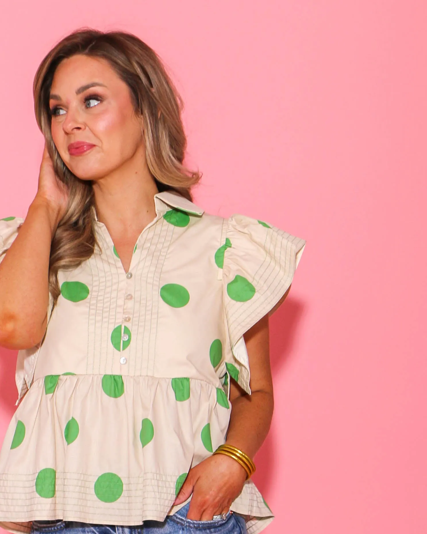 Polka Dot Ruffle Shoulder Babydoll Top